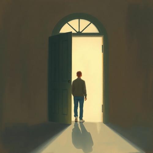 Is my problem serious enough for therapy? A calm watercolour illustration of a person standing at an open doorway, with soft light beyond it, suggesting uncertainty and possibility.