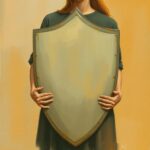 A calm watercolour illustration of a person holding a shield that has now become heavy, with warm muted tones suggesting protection and cost.