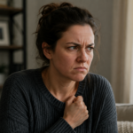 A realistic illustration of a person indoors with a tense expression and clenched hand, showing anger without aggression.