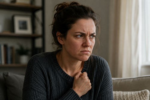 A realistic illustration of a person indoors with a tense expression and clenched hand, showing anger without aggression.