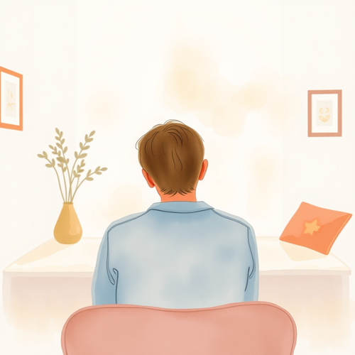 A calm watercolour-style image of a person sitting quietly in a soft interior space, reflecting on their relationship patterns.