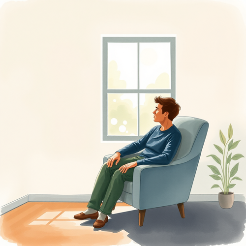 Watercolour illustration of a person resting in a calm, sensory-considerate room with softly patterned light and space for reflection.