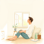 A relaxed person in a sunlit room looking towards an open window, with a gentle sense of curiosity and ease.