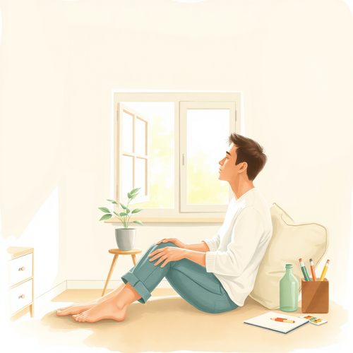 A relaxed person in a sunlit room looking towards an open window, with a gentle sense of curiosity and ease.