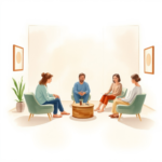 A calm watercolour-style image of a small therapy group sitting quietly in a softly lit room.