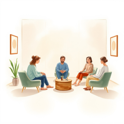 A calm watercolour-style image of a small therapy group sitting quietly in a softly lit room.
