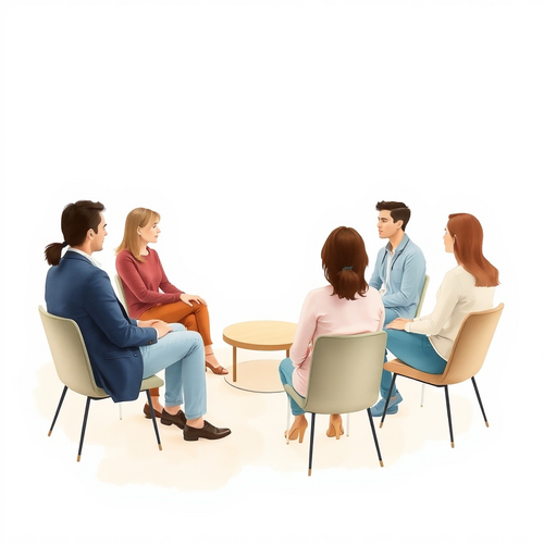 Lewin, Kalsched and the dynamics of therapeutic groups A calm watercolour-style image of a small therapy group seated in a circle with subtle lines suggesting movement in the group field.