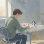 A calm watercolour illustration of a student at a clear desk, looking at one page of an exam paper while a small timer and a glass of water sit nearby.