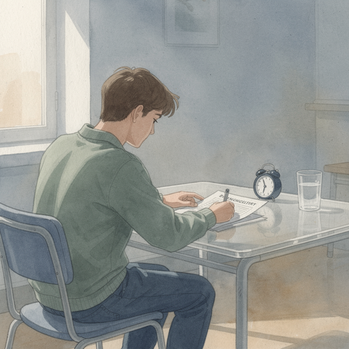 Managing Exam Anxiety in Small Chunks A calm watercolour illustration of a student at a clear desk, looking at one page of an exam paper while a small timer and a glass of water sit nearby.