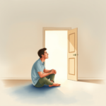 A reflective person sitting beside an open doorway in a calm room, with a thoughtful and self-protective posture.