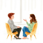 A soft watercolour image of two people in quiet conversation in a calm room.