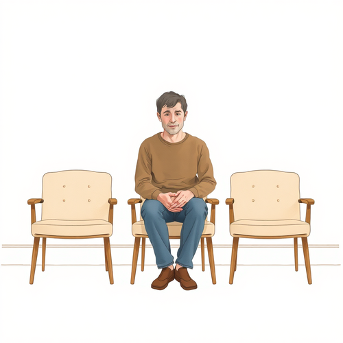 A reflective person sitting between two chairs in a warm, quiet room, suggesting a pause between connection and self-protection.