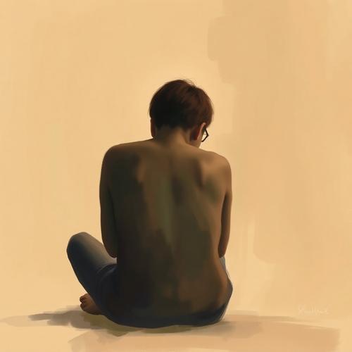 A calm watercolour illustration of a person sitting quietly, hands folded inward, with muted warm tones suggesting reflection and sadness.