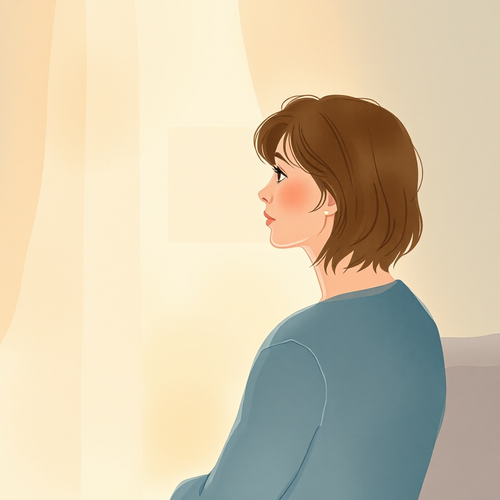 A calm watercolour-style image of a person sitting thoughtfully in a quiet room, with a sense of warmth and emotional safety.