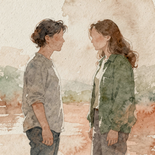 A calm watercolour illustration of two figures at a slight distance from each other, with warm muted tones suggesting longing and hesitation.