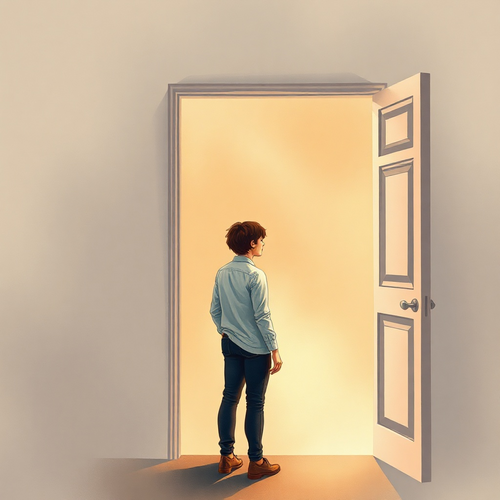A calm watercolour-style image of a person standing near an open doorway, looking thoughtful and self-protective rather than aggressive.