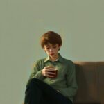 A calm watercolour illustration of a person sitting with a cup of tea, looking slightly weary, with warm muted tones and gentle light.