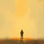 A calm watercolour illustration of a person standing at a crossroads of softly suggested paths, with warm muted tones and a thoughtful mood.