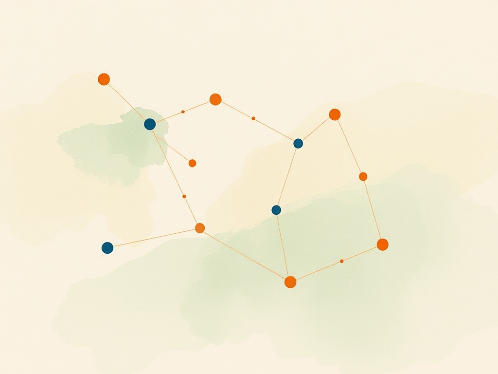 Watercolour of coloured dots and connecting paths across open space.