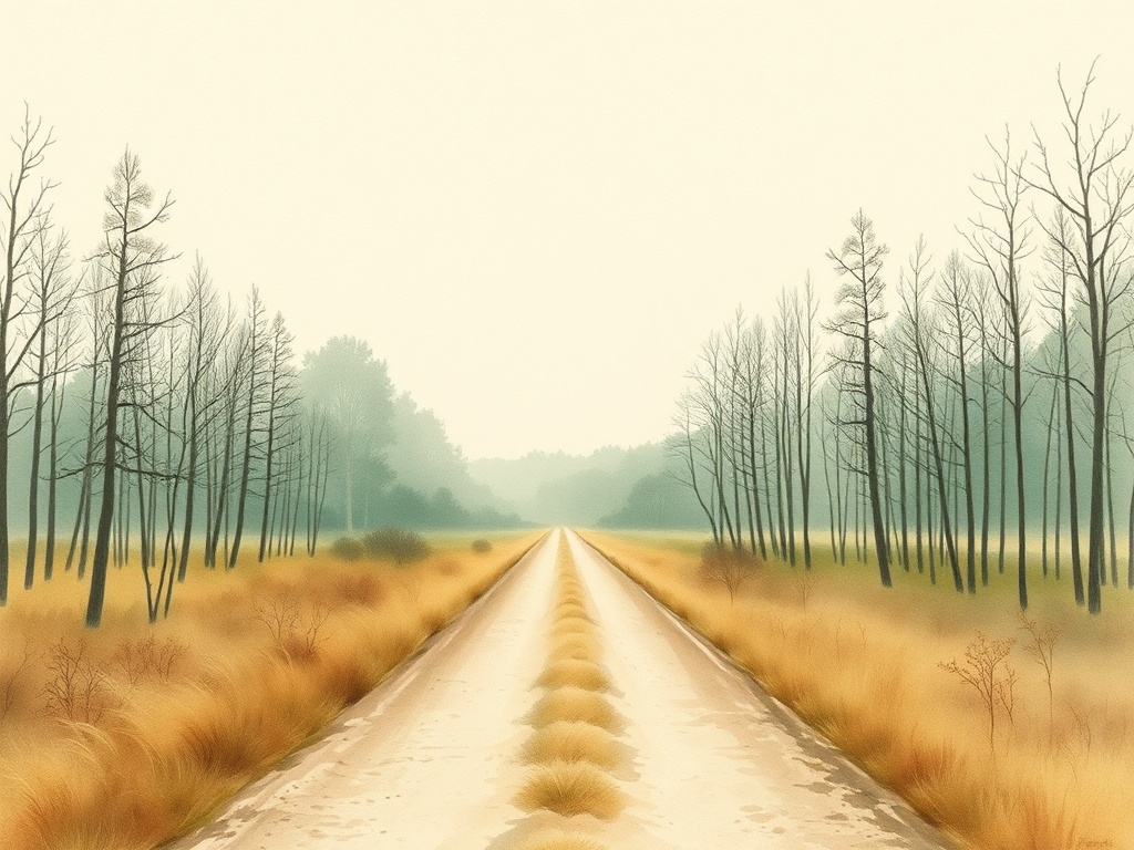 Watercolour of a woodland path opening towards a pale horizon.