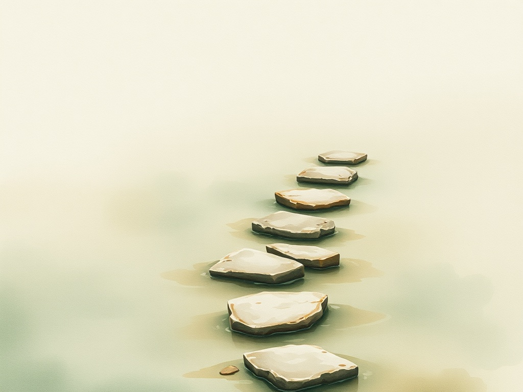Watercolour of rounded stepping stones across shallow water.