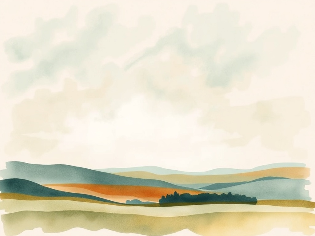 Watercolour of layered soft hills beneath a pale sky.