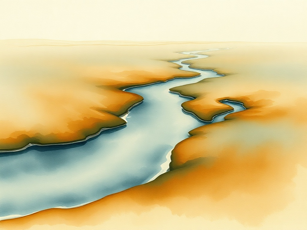 Watercolour of distinct translucent colours meeting in open space.
