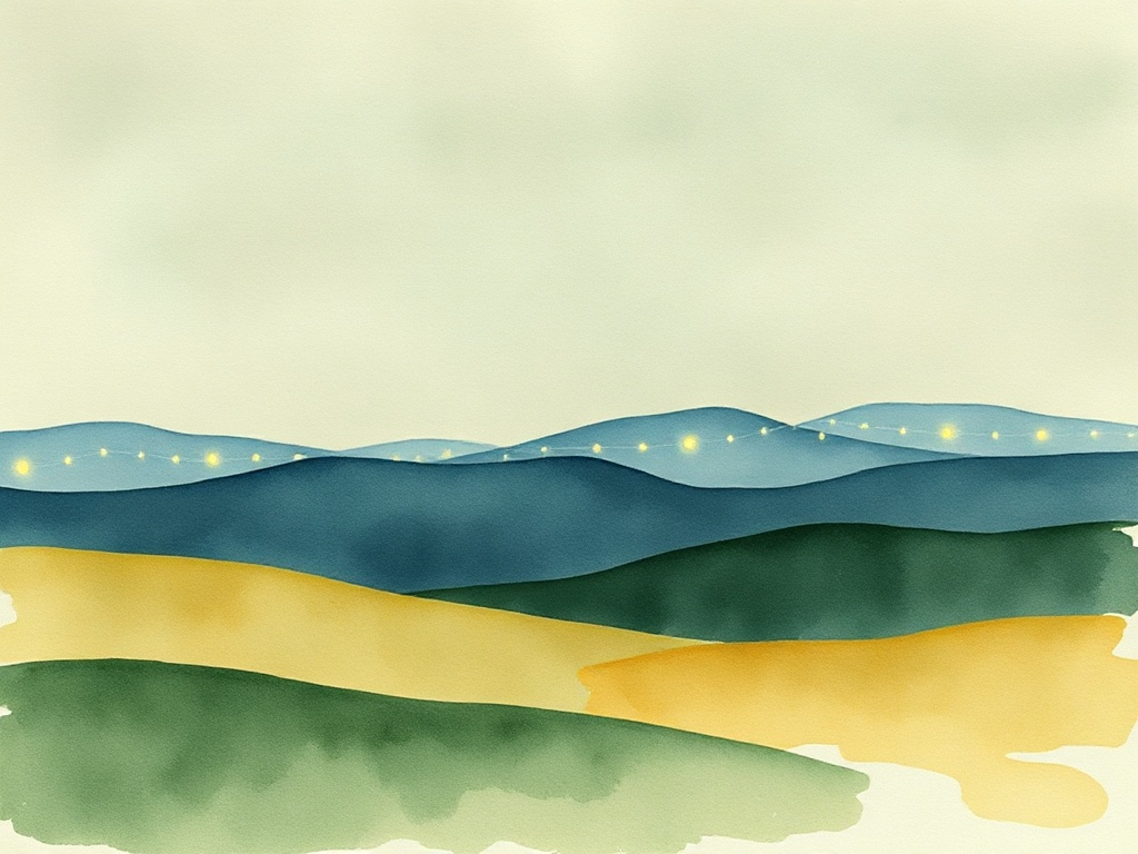 Watercolour of rounded stepping stones across shallow water.