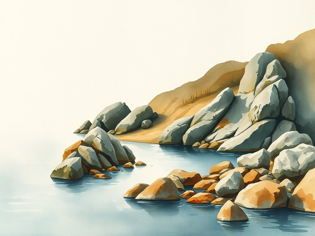 Watercolour of a sheltered cove with calm water and protective rocks.