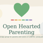 Open Hearted Parenting logo: a green heart above six small rainbow-coloured marks, on a warm cream background.