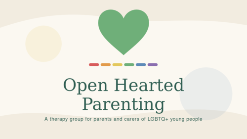 Open Hearted Parenting logo: a green heart above six small rainbow-coloured marks, on a warm cream background.