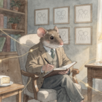 A thoughtful anthropomorphic mouse in a warmly lit therapy room, holding a notebook beside a small piece of cheese.