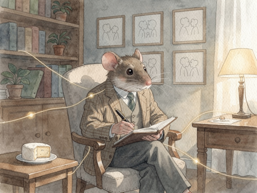 A thoughtful anthropomorphic mouse in a warmly lit therapy room, holding a notebook beside a small piece of cheese.