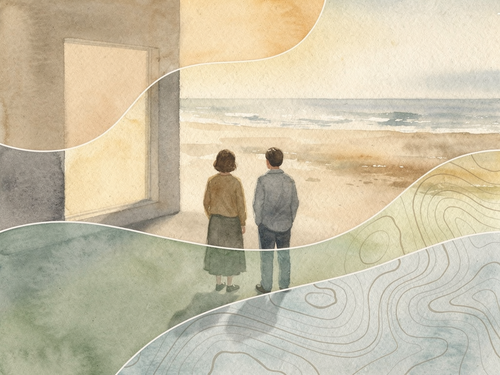 Two figures within overlapping layers of landscape and light, illustrating the idea that healing happens in relationship and context.