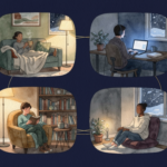 A warm watercolour-style collage of four people in separate evening rooms, linked by fine gold lines: one on a sofa, one working at a laptop, one reading in an armchair, and one sitting beside a plant in a softly lit room.
