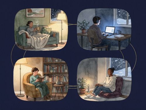 A warm watercolour-style collage of four people in separate evening rooms, linked by fine gold lines: one on a sofa, one working at a laptop, one reading in an armchair, and one sitting beside a plant in a softly lit room.